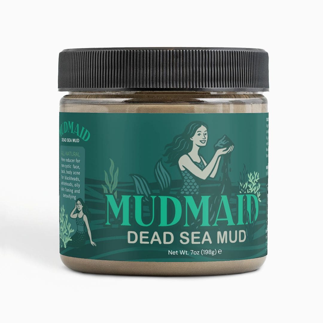 Mudmaid Dead Sea Mud Mask jar shown with green label and mermaid illustration – all-natural skincare detox treatment.