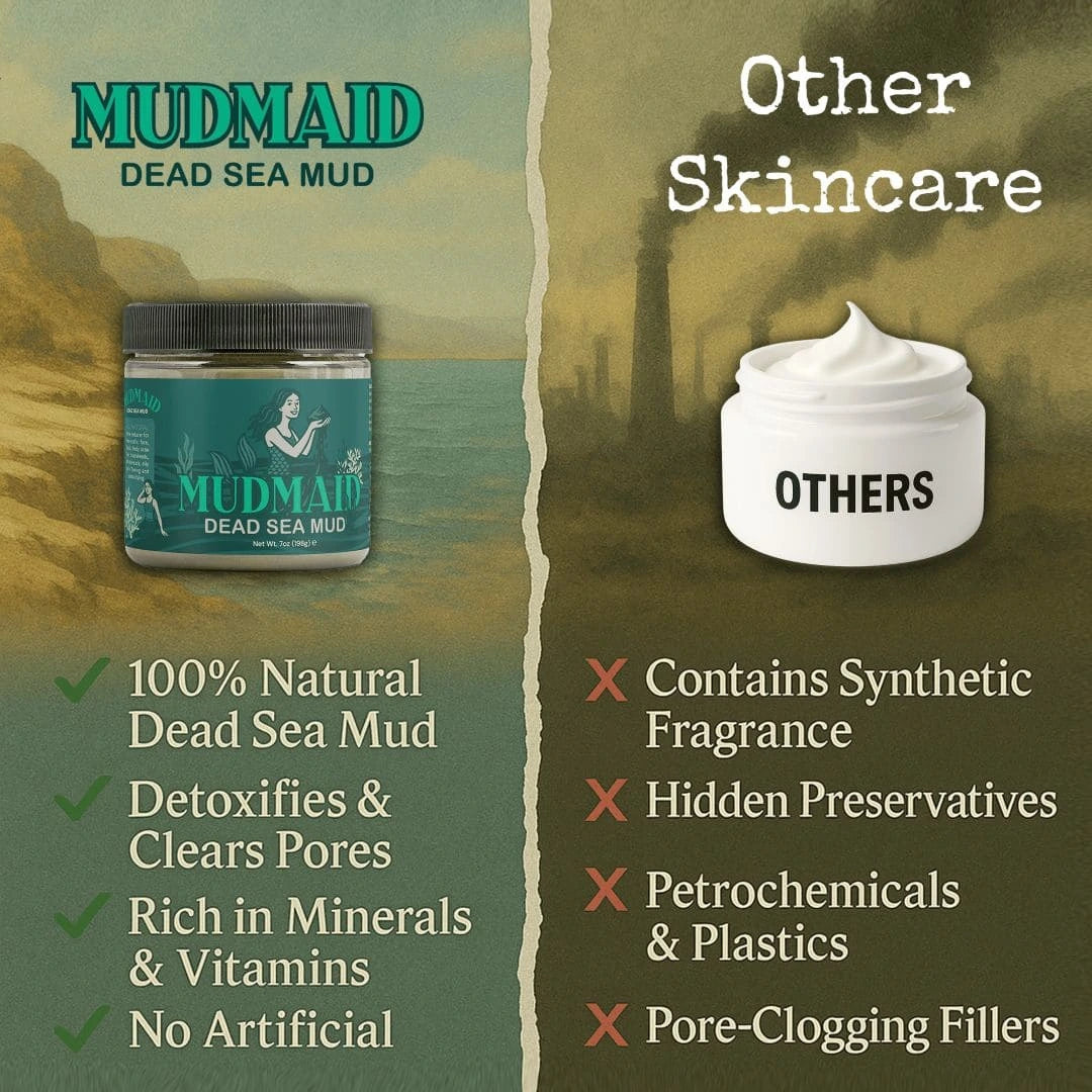 Side-by-side comparison of Mudmaid Dead Sea Mud vs. conventional skincare – highlights benefits like natural minerals and no chemicals vs. synthetic, preservative-filled alternatives.
